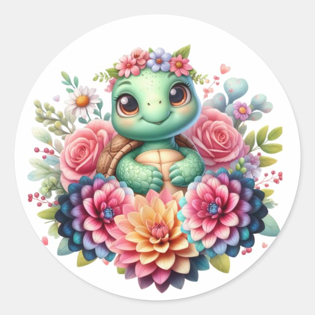 Adorable Floral Sea Turtle Classic Round Sticker (Front)