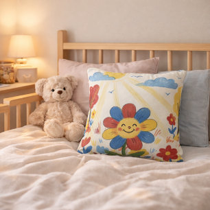 Adorable Flower Enjoying Sun Drawing Kids Cushion