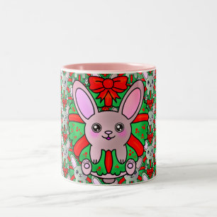Adorable Fluffy Bunny in Christmas Wreath Two-Tone Coffee Mug