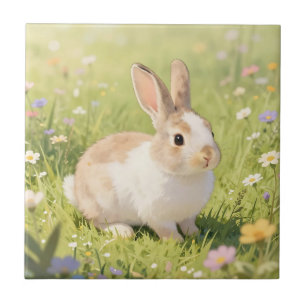 Adorable Fluffy Bunny Wildflower Meadow Ceramic Tile