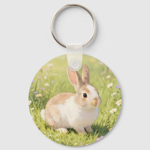 Adorable Fluffy Bunny Wildflower Meadow Key Ring