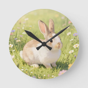 Adorable Fluffy Bunny Wildflower Meadow Round Clock