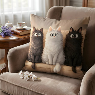Adorable Fluffy Cats Trio Cute Grey, White & Black Cushion