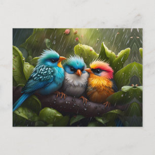 Adorable Fluffy Colourful Birds in the rain  Postcard