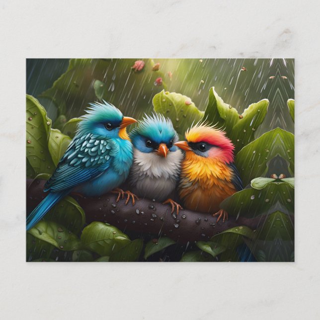 Adorable Fluffy Colourful Birds in the rain  Postcard (Front)
