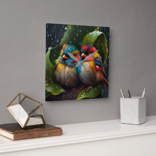 Adorable Fluffy Colourful Birds in the rain Square Wall Clock