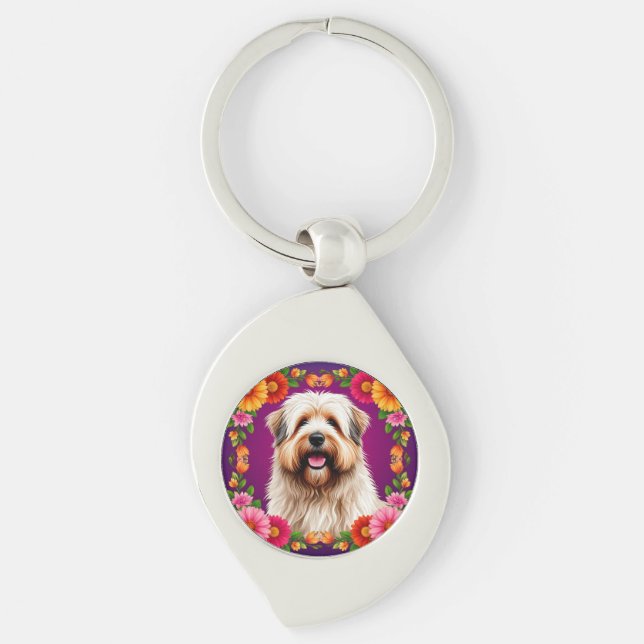 Adorable Fluffy Dog with Flowers Key Ring (Front)