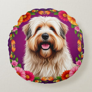 Adorable Fluffy Dog with Flowers Round Cushion