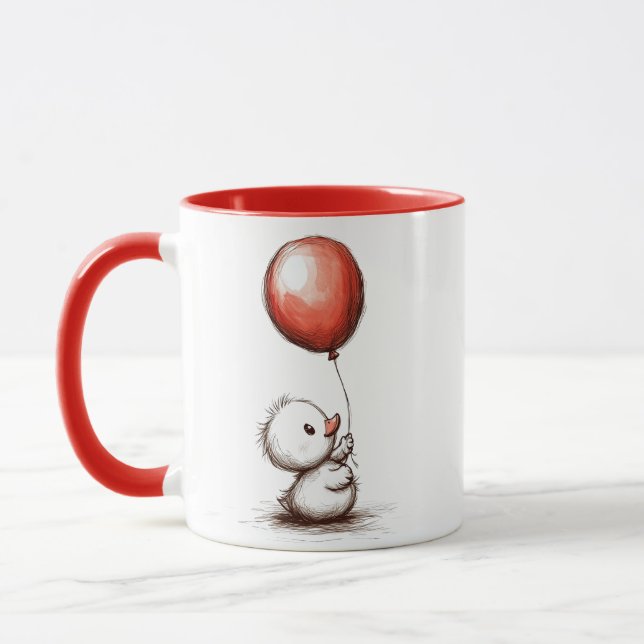 Adorable Fluffy Duckling with Red Balloon Mug (Left)