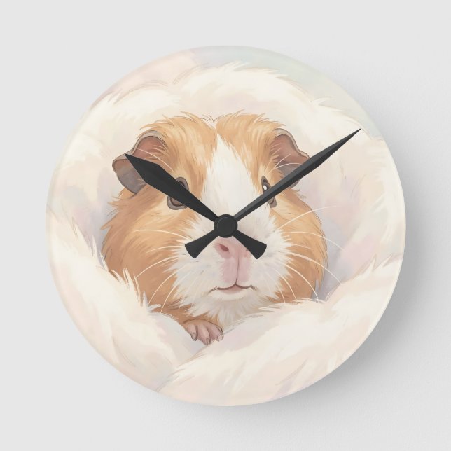 Adorable Fluffy Guinea Pig Portrait Round Clock (Front)