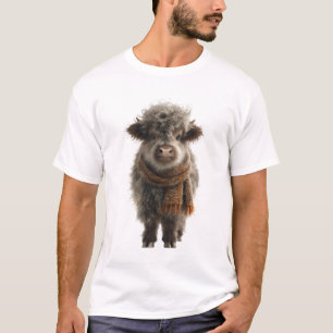 Adorable Fluffy Highland Calf in Knitted Scarf T-Shirt