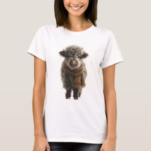 Adorable Fluffy Highland Calf in Knitted Scarf T-Shirt