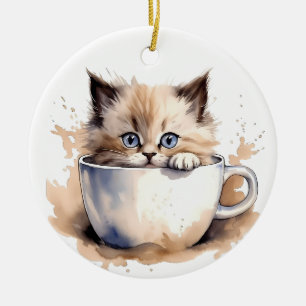ADORABLE FLUFFY KITTEN IN A TEACUP CERAMIC ORNAMENT