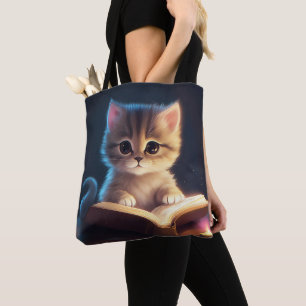 ADORABLE FLUFFY KITTEN READING A BOOK TOTE BAG