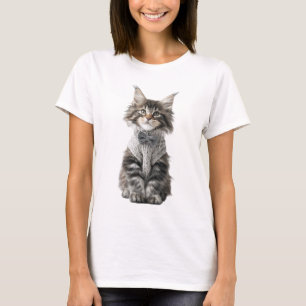 Adorable Fluffy Kitten Wearing Knitted Bow Tie T-Shirt