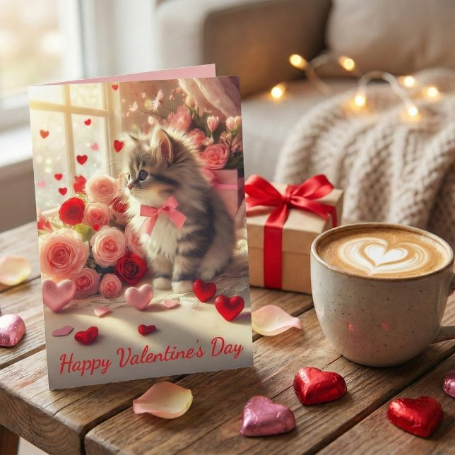 Adorable Fluffy Kitten with Roses Valentine's Day Card (Creator Uploaded)