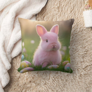 Adorable Fluffy Pink Bunny & Easter Eggs Cushion
