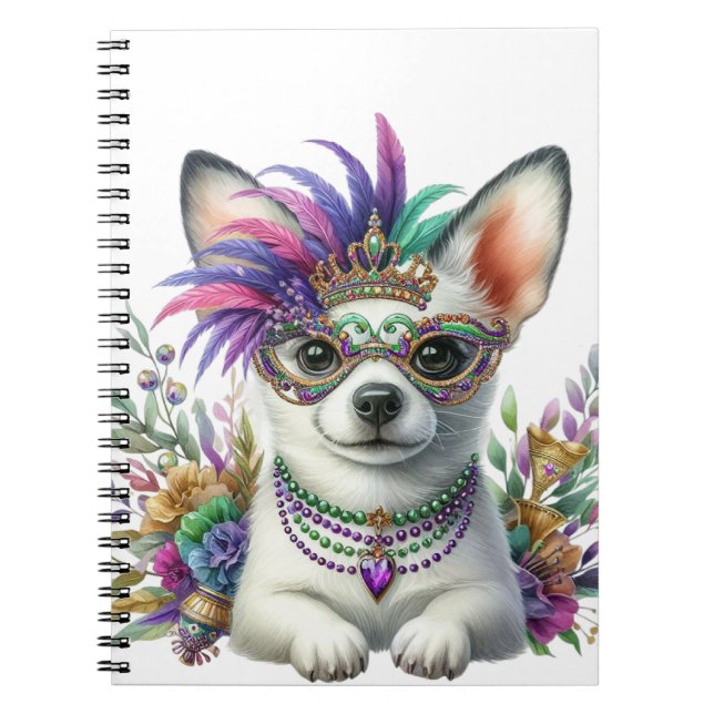ADORABLE FLUFFY PUPPY DOG DRESSED FOR MARDI GRAS NOTEBOOK (Front)