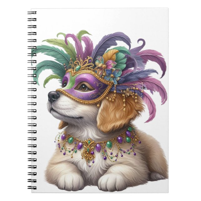 ADORABLE FLUFFY PUPPY DOG DRESSED FOR MARDI GRAS NOTEBOOK (Front)
