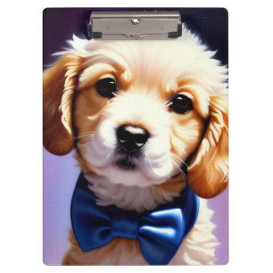 Adorable Fluffy Puppy w Cute Blue Bow Tie Clipboard