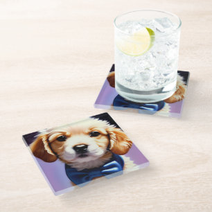 Adorable Fluffy Puppy w Cute Blue Bow Tie Glass Coaster