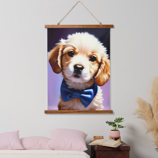 Adorable Fluffy Puppy w Cute Blue Bow Tie  Hanging Tapestry (Bedroom)
