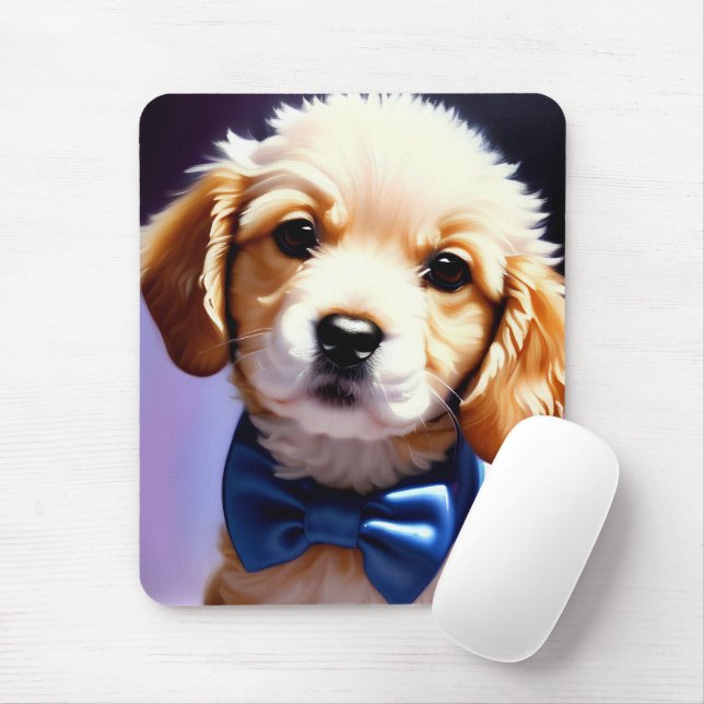 Adorable Fluffy Puppy w Cute Blue Bow Tie  Mouse Pad (With Mouse)