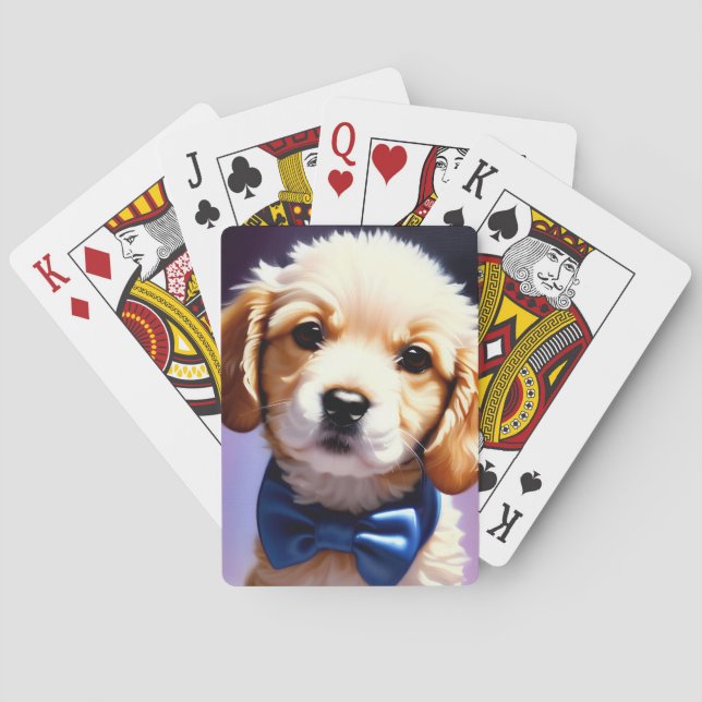 Adorable Fluffy Puppy w Cute Blue Bow Tie  Playing Cards (Back)