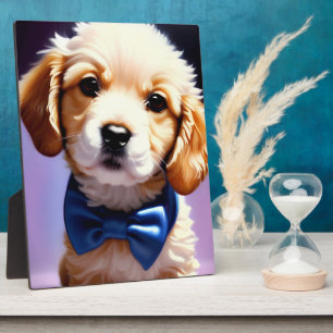 Adorable Fluffy Puppy w Cute Blue Bow Tie Portrait Plaque