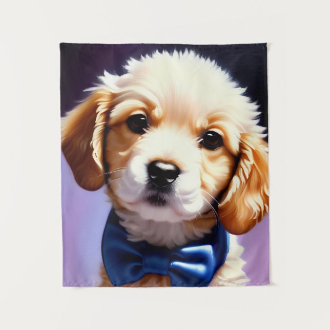 Adorable Fluffy Puppy w Cute Blue Bow Tie  Tapestry (Front)