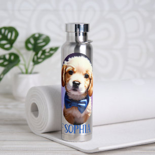 Adorable Fluffy Puppy w Cute Blue Bow Tie Water Bottle