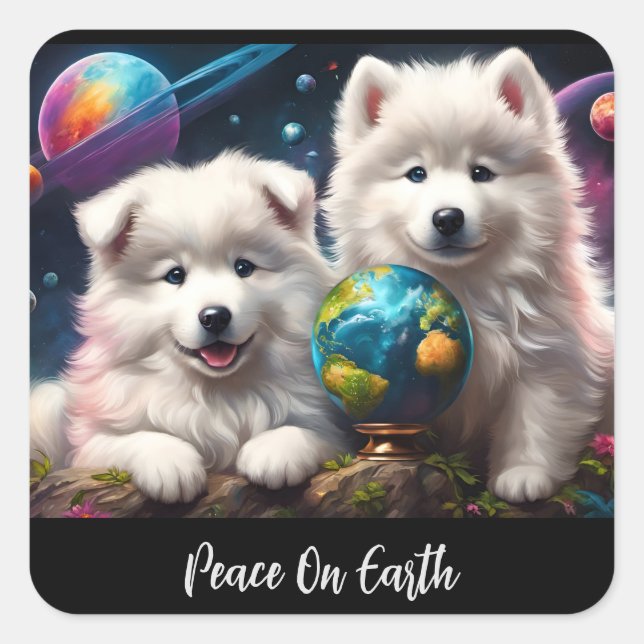 Adorable Fluffy Samoyed Puppies, Peace on Earth Square Sticker (Front)