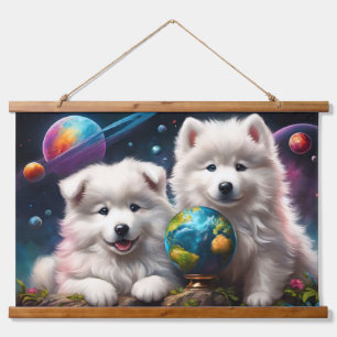 Adorable Fluffy Samoyed Puppies, Planets Earth Hanging Tapestry