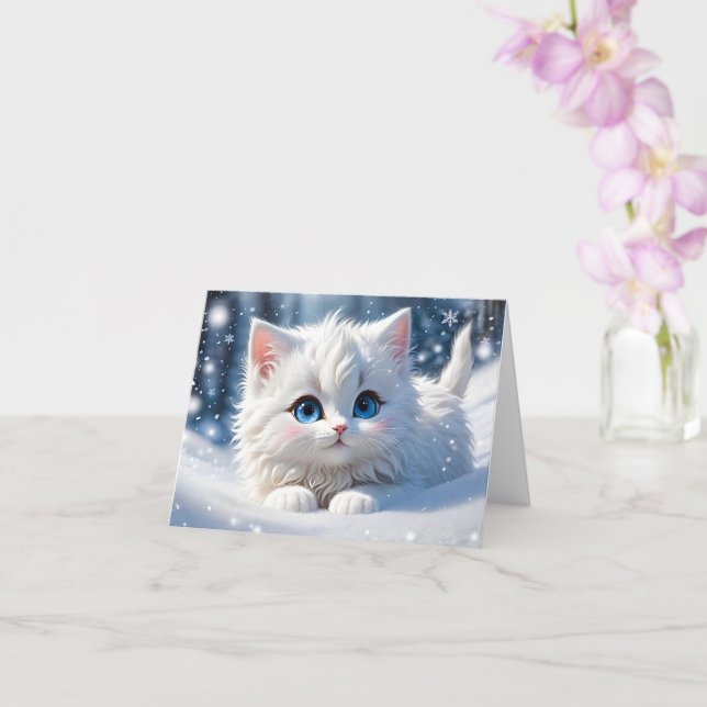 Adorable Fluffy White Cat Blue Eyes Blank Greeting Card (Orchid)