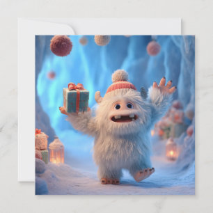 Adorable Fluffy Yeti Creature Celebrating Holiday Card