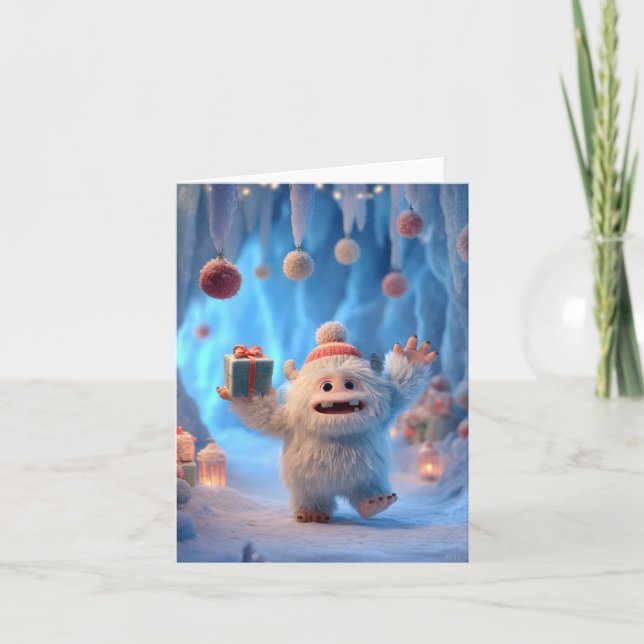 Adorable Fluffy Yeti Creature Celebrating Holiday Card (Front)