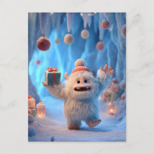 Adorable Fluffy Yeti Creature Celebrating Holiday Postcard