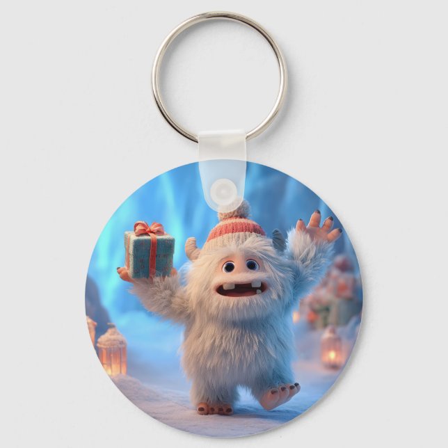 Adorable Fluffy Yeti Creature Celebrating Key Ring (Front)