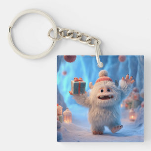 Adorable Fluffy Yeti Creature Celebrating Key Ring