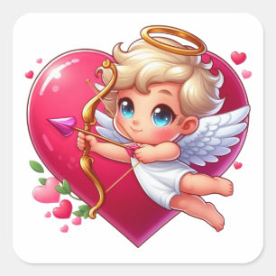 Adorable Flying Cupid with Heart & Arrow  Square Sticker