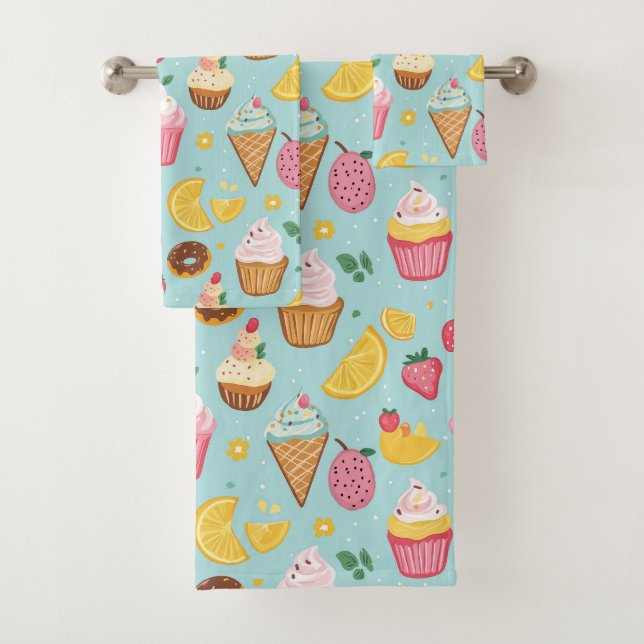 Adorable Food Items Illustration Pattern Bath Towel Set (Insitu)