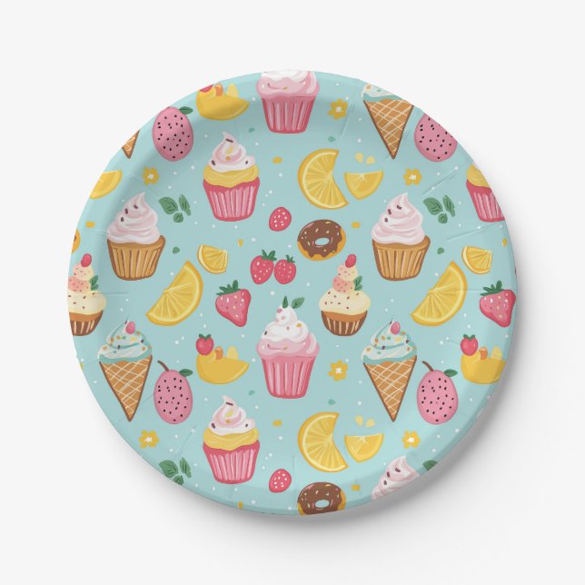 Adorable Food Items Illustration Pattern Paper Plate (Front)