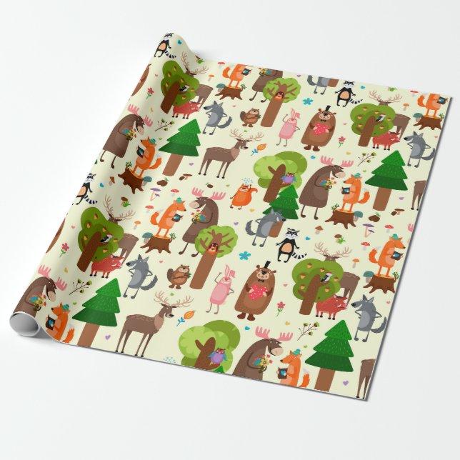 Adorable Forest Critters Wrapping Paper (Unrolled)