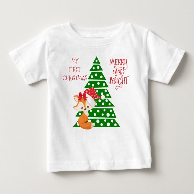 Adorable Fox and Christmas Tree Baby T-Shirt (Front)