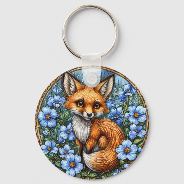 🦊 Adorable Fox Bloom Glow 💙 Vibrant Blue Floral Key Ring (Front)