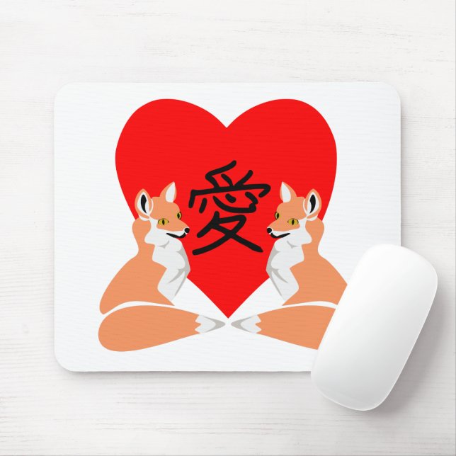Adorable Fox Cartoon Love Heart Mouse Pad (With Mouse)