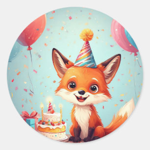 Adorable Fox Celebrating a Cheerful Birthday Classic Round Sticker