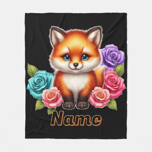 Adorable Fox Cub with Colourful Roses Fleece Blanket (Front)