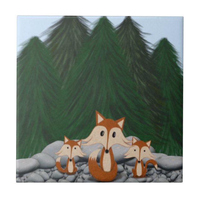 Adorable Fox Family Ceramic Tile (Front)