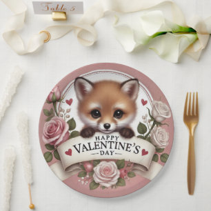 Adorable Fox Illustration with Roses Paper Plate